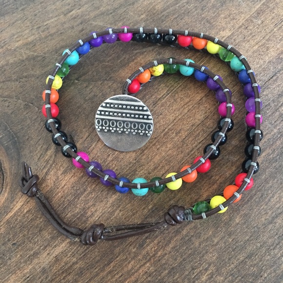 Boho Rainbow Gemstones Dble Wrap Leather Bracelet - Picture 3 of 4